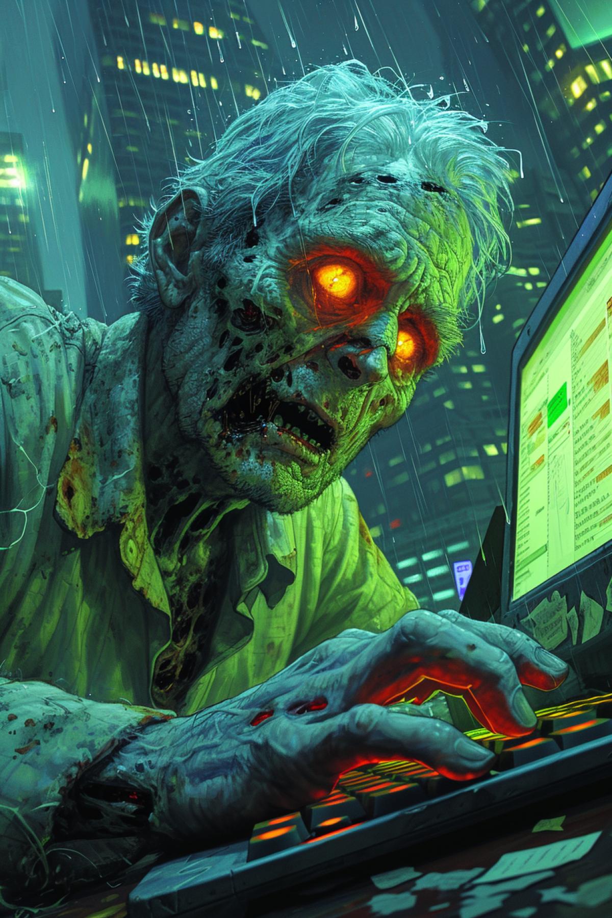 Zombie clerk , zombie office worker sitting at a computer, despondent, by David palumbo