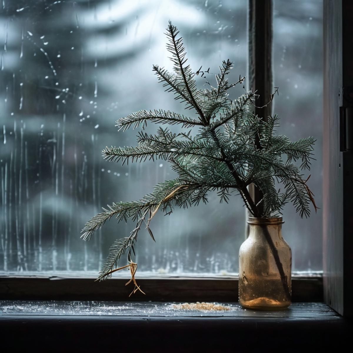 Dry crumbling spruce branch in a vase on a windowsill, depressing atmosphere, noir, dramatic lighting, Christmas decoration