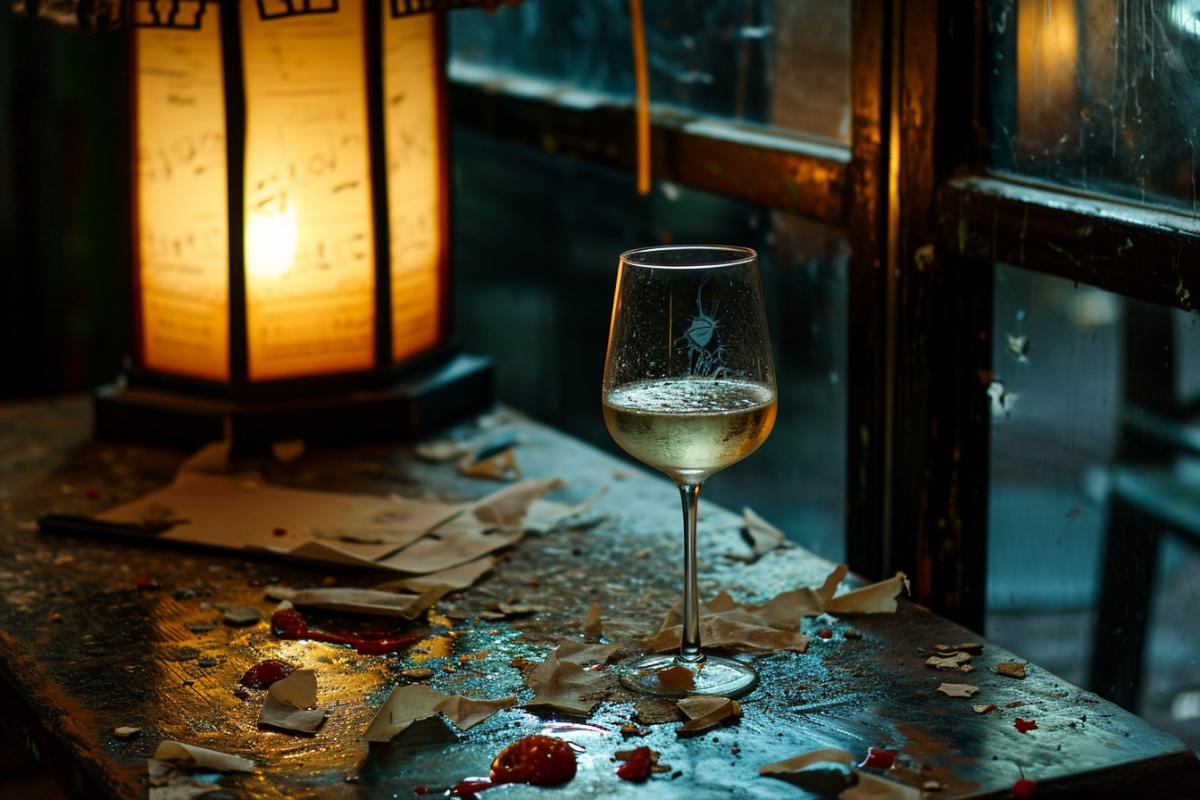 The leftovers from the holiday table lie scattered, like the remains of a fun party. A lantern hangs in the corner, illuminating the empty table and reflecting in the glass, which contains the last drop of champagne.