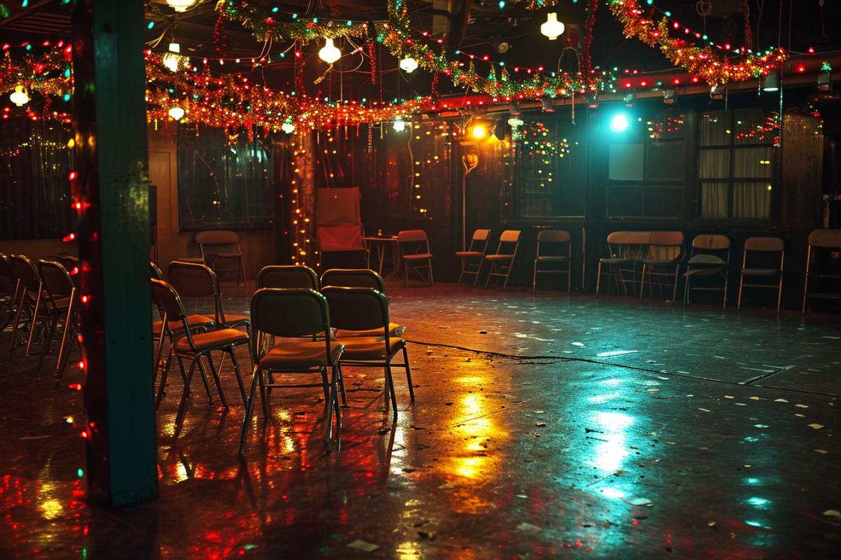 The view opens onto an empty dance floor, where life and joy used to be in full swing. Against the backdrop of lights and garlands, the chairs arranged create an incredibly sad and at the same time colorful spectacle.