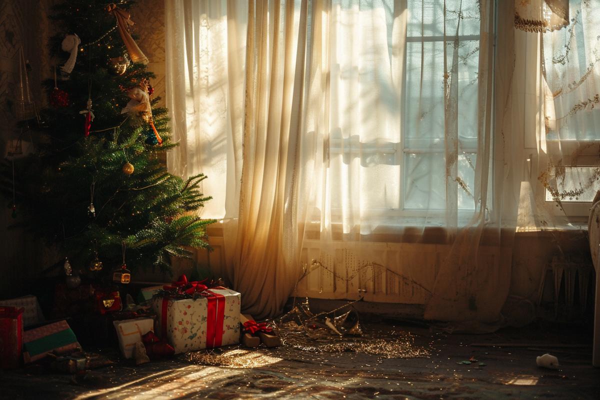 The curtains in the room are partly open, letting in rays of morning light that illuminate the forgotten gifts left in the corner. Sparkling decorations now look like forgotten dreams after a bright holiday.