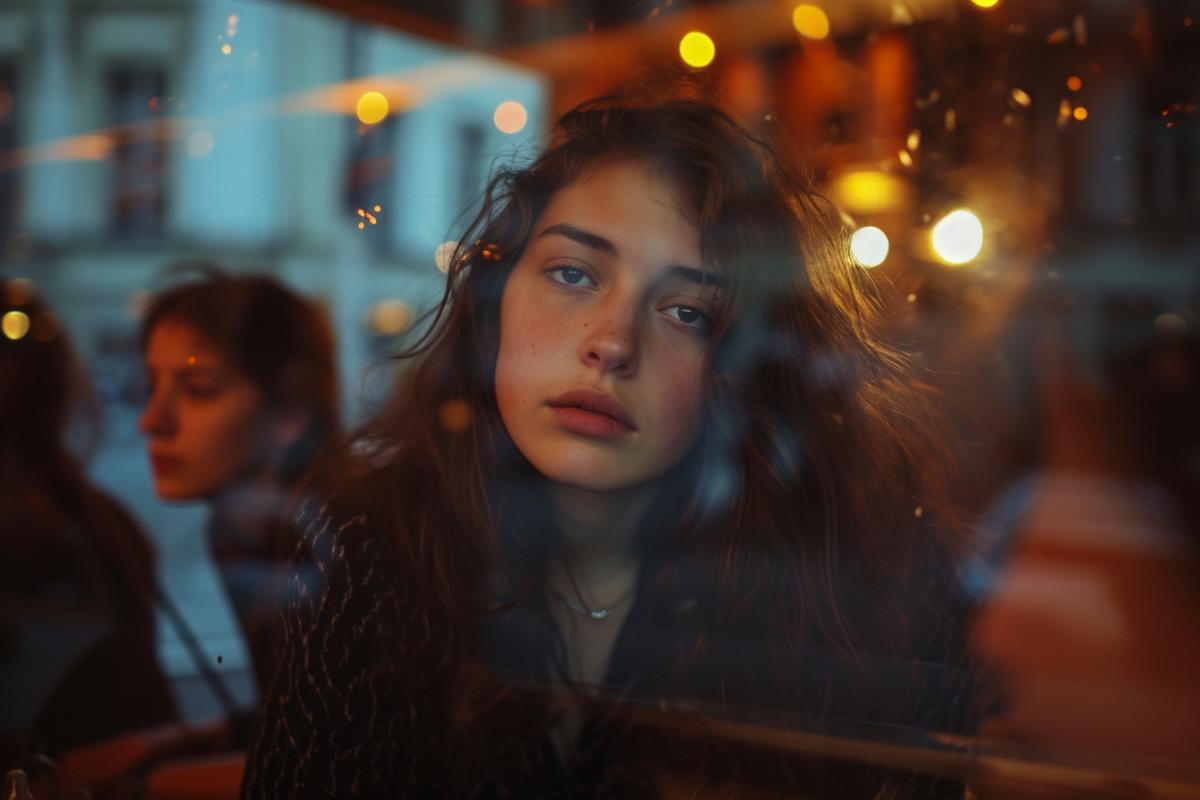 a group of friends sits in a distressed setting, expressing fatigue and melancholy after a fun evening. One girl looks out the window, the reflection of fireworks can be seen in her eyes, reminding her of the past holiday.
