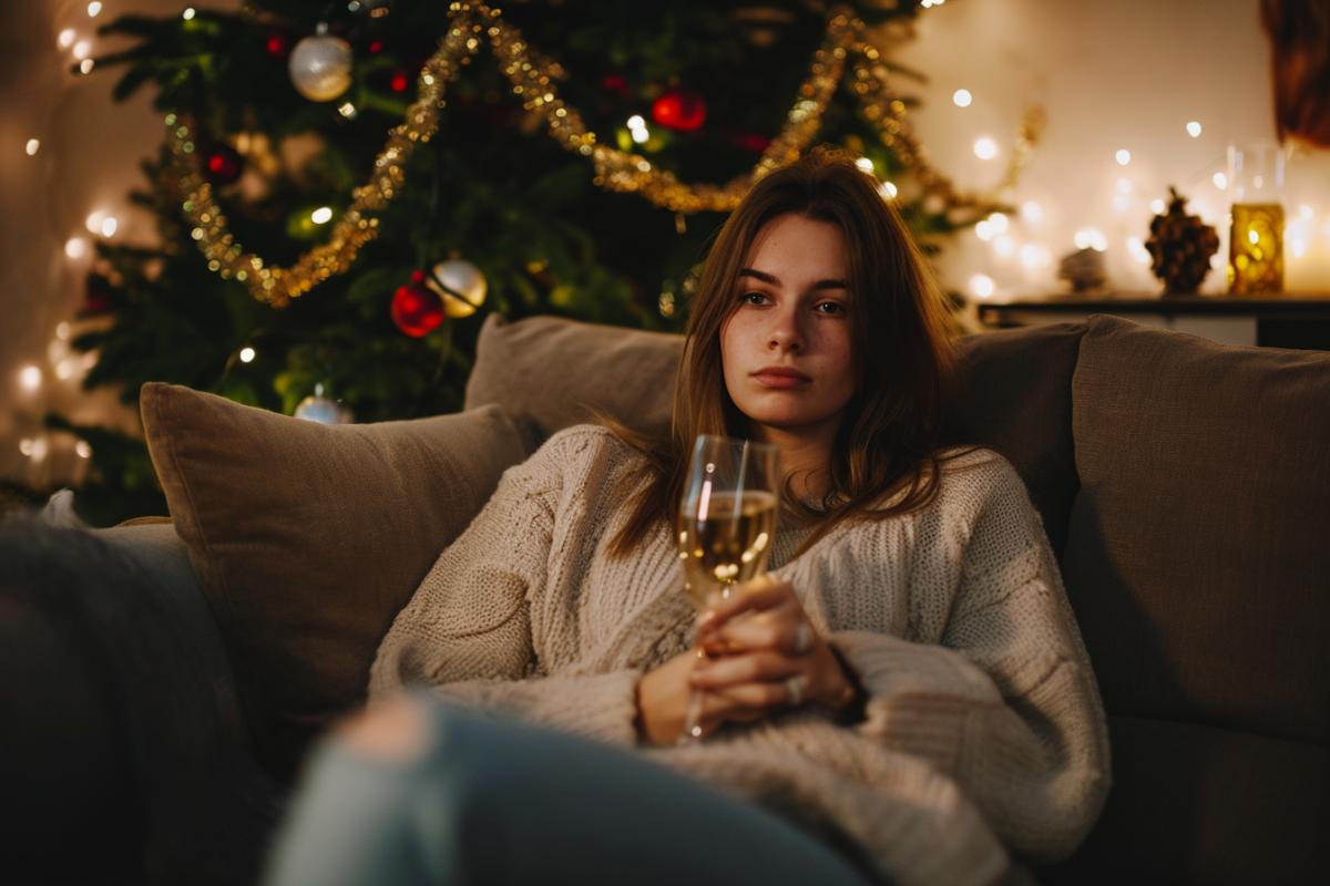 a young woman sits alone on the sofa, in her hands is a glass with the remains of champagne. Garlands flutter behind her, but her eyes reflect sadness and fatigue from the ended holiday.