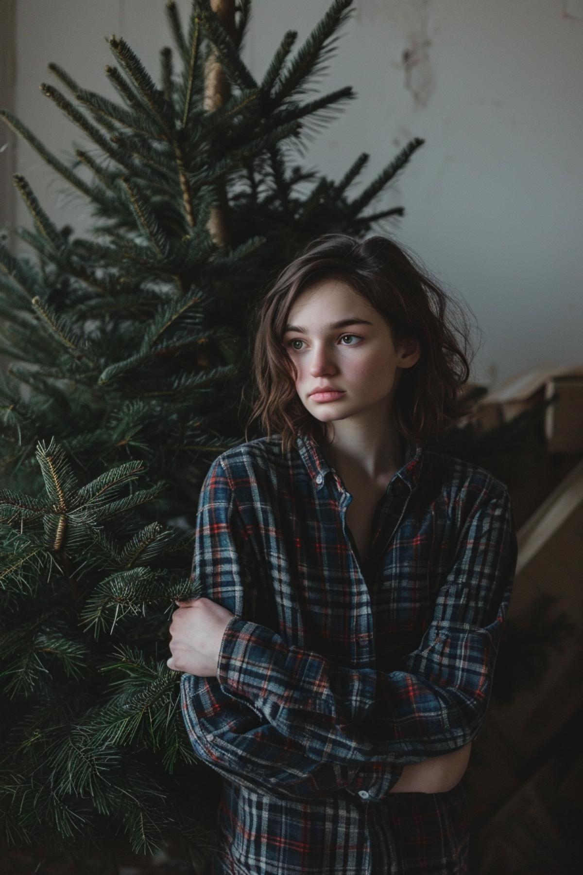 a young woman stands by a dismantled Christmas tree, looking at the empty places where gifts used to be fun. Nostalgia is reflected in her eyes, and her hands lightly hug her own shoulders, as if trying to preserve the last warm memories of the holiday.