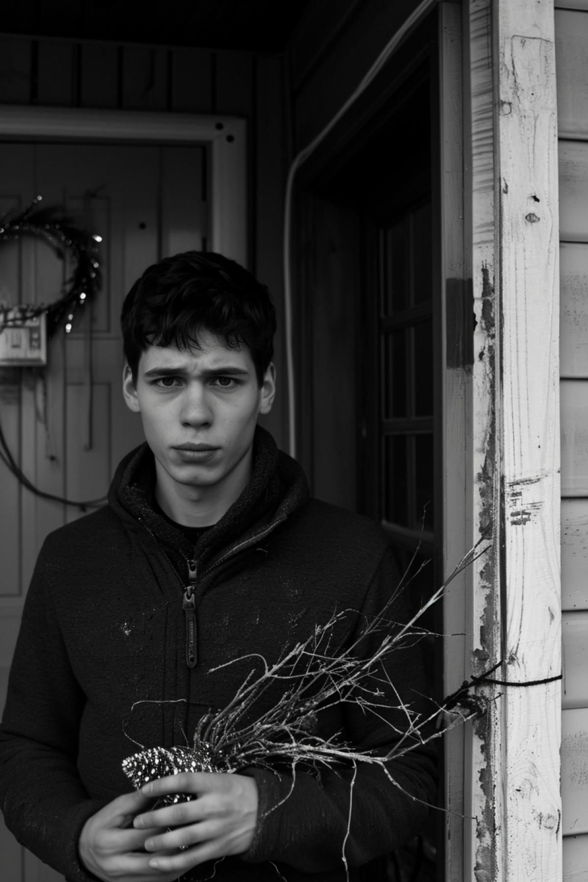 In the photograph, a young man stands at the door of his house, in his hands he holds the remains of a torn New Years garland. His eyes reflect sadness, as if the sparkling lights of holiday magic have gone out, leaving only the gray winter reality.