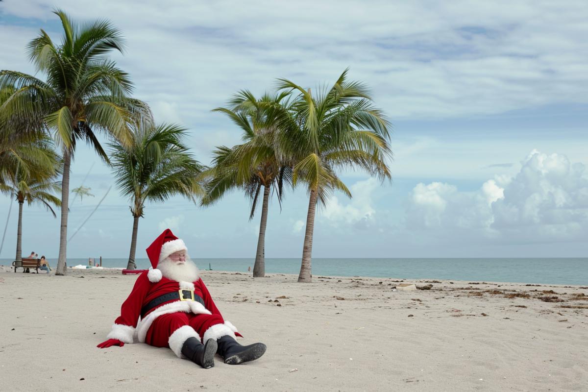 Sad santa claus resting in miami, beach, palm trees