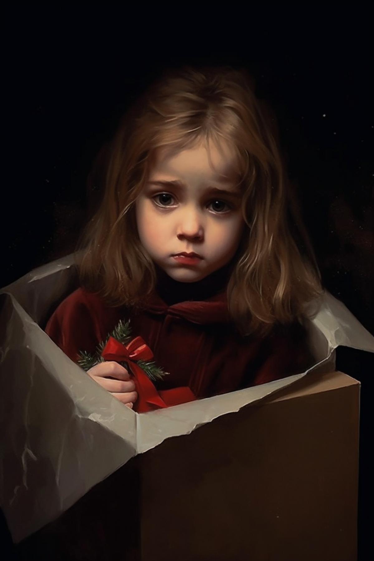 A little girl is crying because there is nothing in the holiday box.