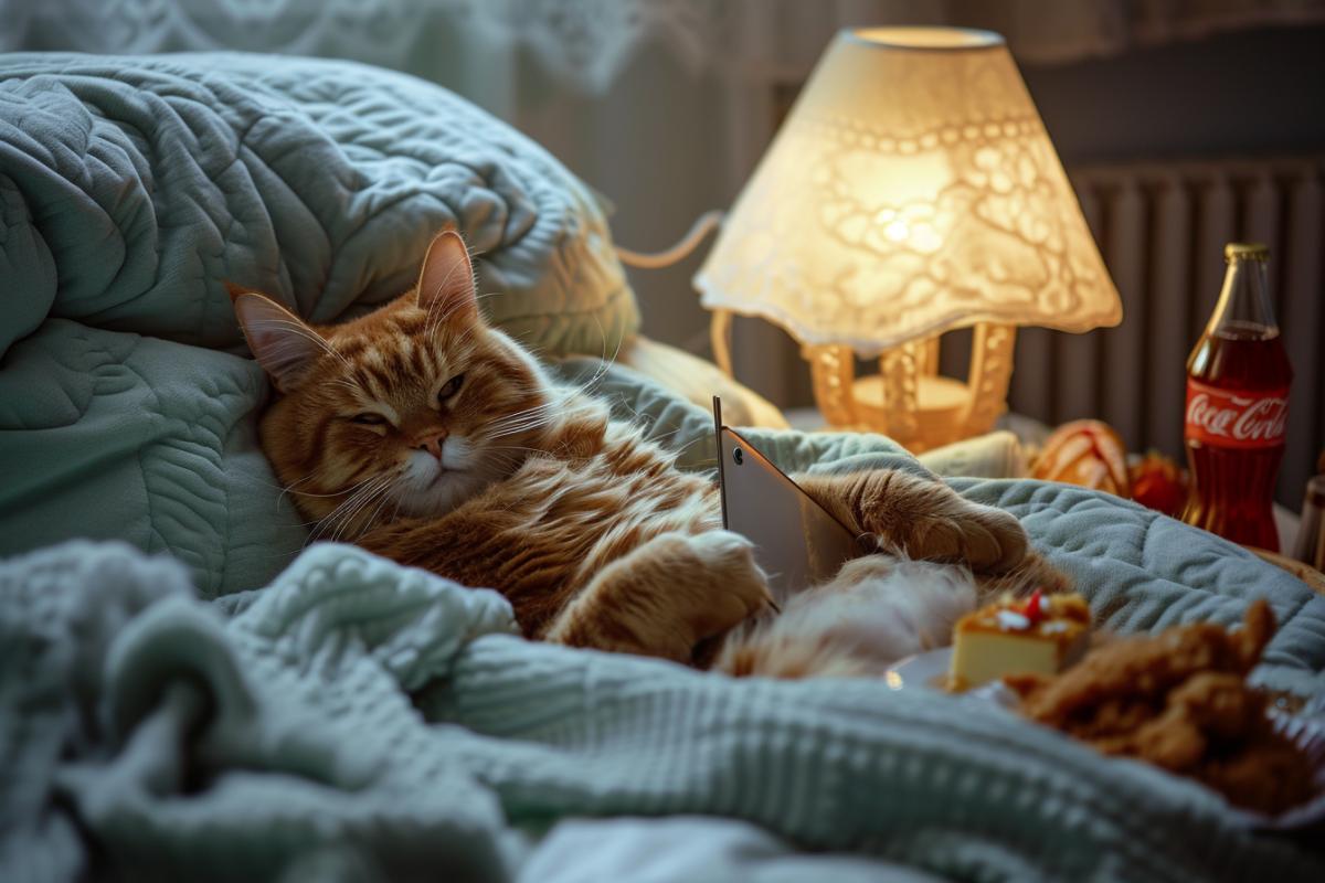 Уныние после праздника A picture of an adorable Garfield cat lying on a bed. In the photo, the room is bright. Garfield is covered with a soft quilt and the light is bright. He is holding a big iPad in his hand. There is a small exquisite bedside lamp. Snacks, cakes, fried chicken, and a large bottle of Coca-Cola are scattered on the bed. Realistic and romantic style, ultra-high definition, 32k Ultra HD, photography style style raw