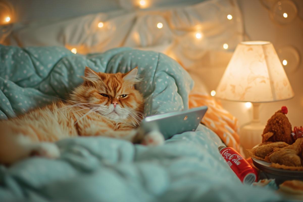 Уныние после праздника A picture of an adorable Garfield cat lying on a bed. In the photo, the room is bright. Garfield is covered with a soft quilt and the light is bright. He is holding a big iPad in his hand. There is a small exquisite bedside lamp. Snacks, cakes, fried chicken, and a large bottle of Coca-Cola are scattered on the bed. Realistic and romantic style, ultra-high definition, 32k Ultra HD, photography style style raw