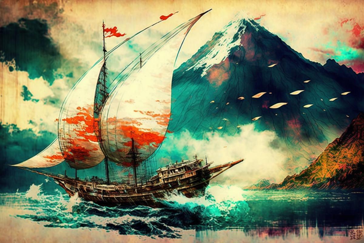drifting in the style of Japanese painting
