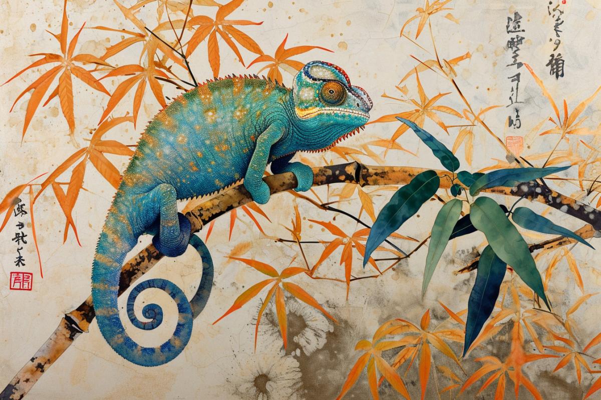 Chameleon in the style of Japanese painting