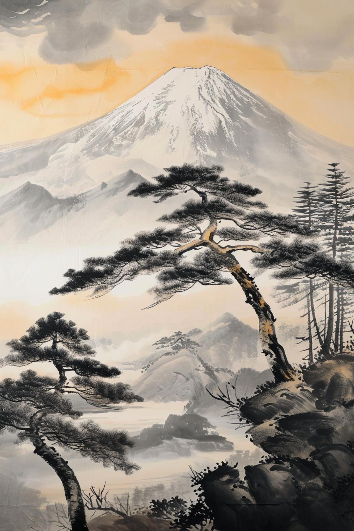 Mount Fuji in traditional Japanese painting technique