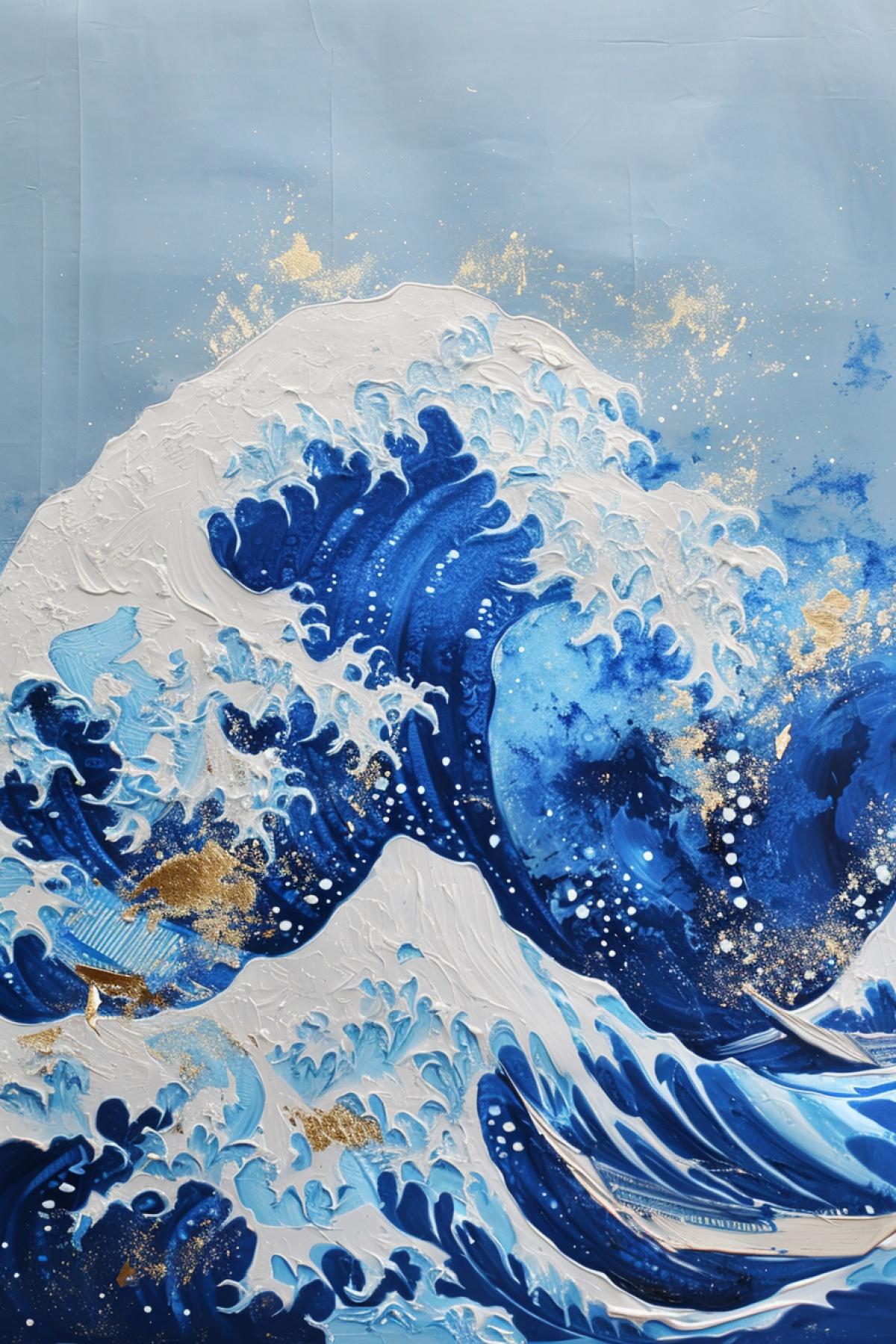 Painting Wave in traditional Japanese painting technique