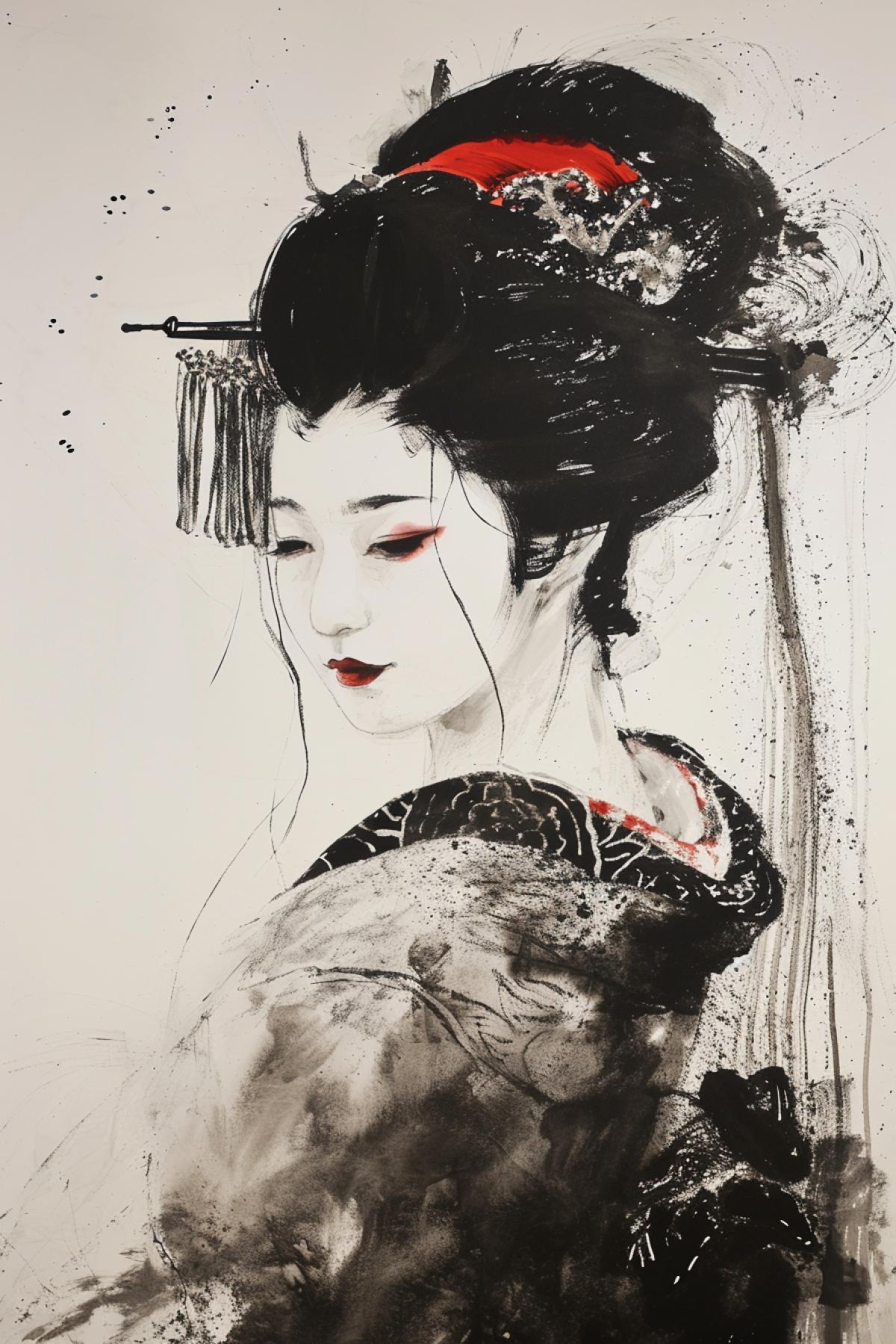 Geisha, painting using sumi e technique