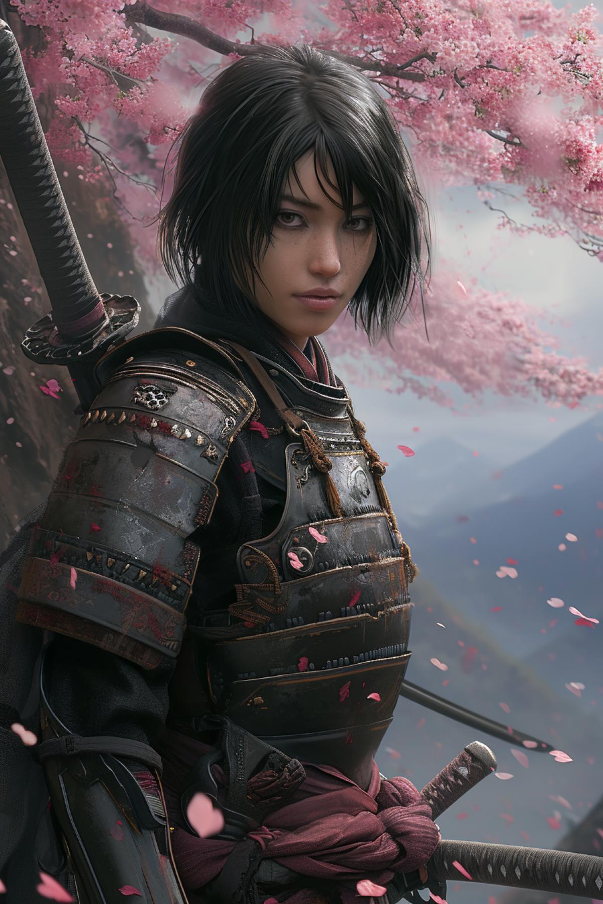 A samurai girl stands under Sakura on the edge of a mountain, close-up and facing the camera, dressed in dark samurai armor, dark short hair, drawing of traditional Japanese painting, high quality, good detail, 4K wallpaper