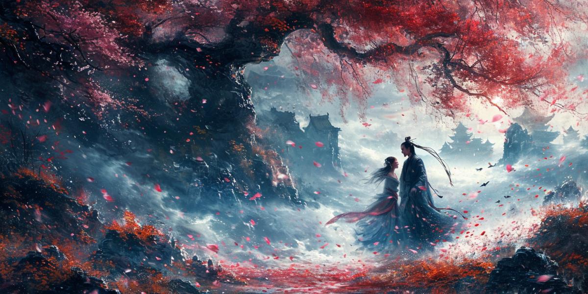 Samuray and woman dancing together surrounded by floating sakura, a mystical dark and mysterious atmosphere, wide angle, in the style of japan painting, sumi e