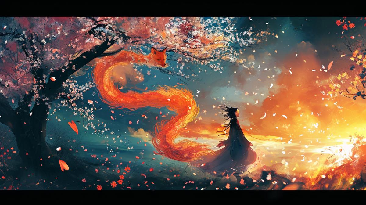 Naruto from the anime and the nine-tailed fox katsune dancing together surrounded by floating sakura on sunset, a mystical dark and mysterious atmosphere, wide angle, in the style of japan painting, sumi e