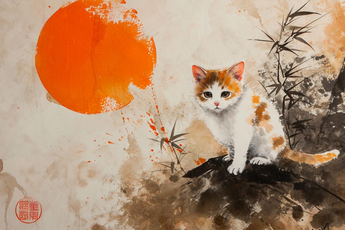 a painting kobudo cat by miike muromachi, in the style of light gray and orange, dark and white ink, charming characters, velvety brushwork, calm and serene beauty, nostalgic paintings, referential painting