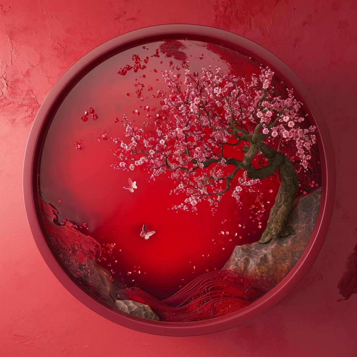 a bonsai pot covered in a cherry blossom red bowl, in the style of surreal 3d landscapes, minimal retouching, transparent/ medium, birds-eye-view, interactive installations, high resolution, luxurious wall hangings