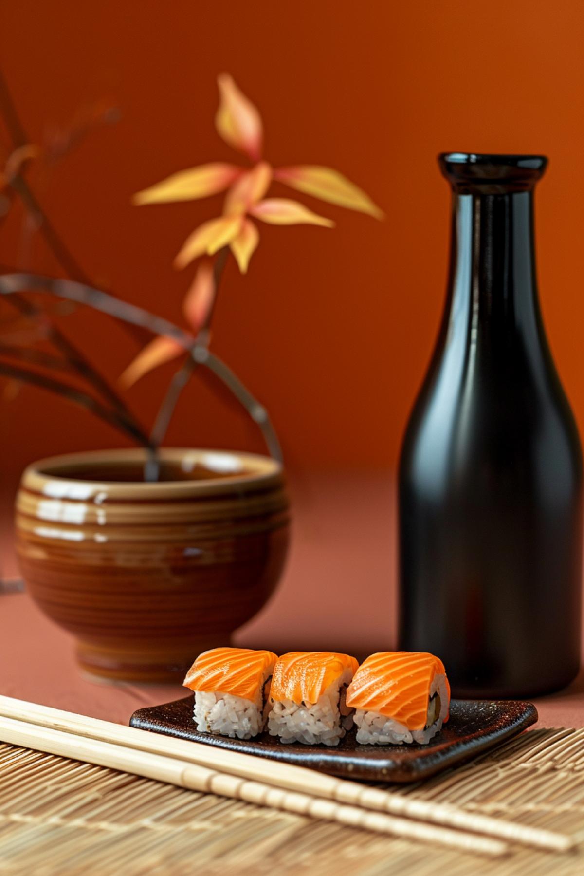 japanese sushi, sake, in the style of conceptual minimalism, warm tones, high quality photo, terracotta