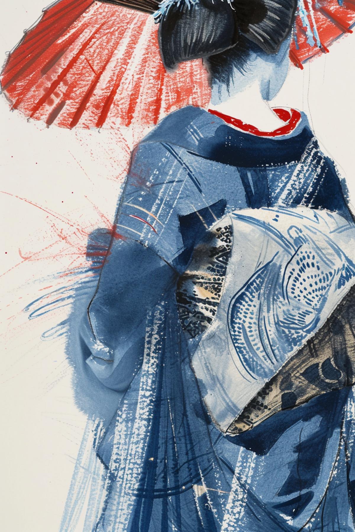 japanese geisha in a blue kimono and fan, in the style of illustrative pen-and-ink sketches, jean-louis forain, exquisite clothing detail, light indigo and red, sopheap pich, illustration, gerhard munthe