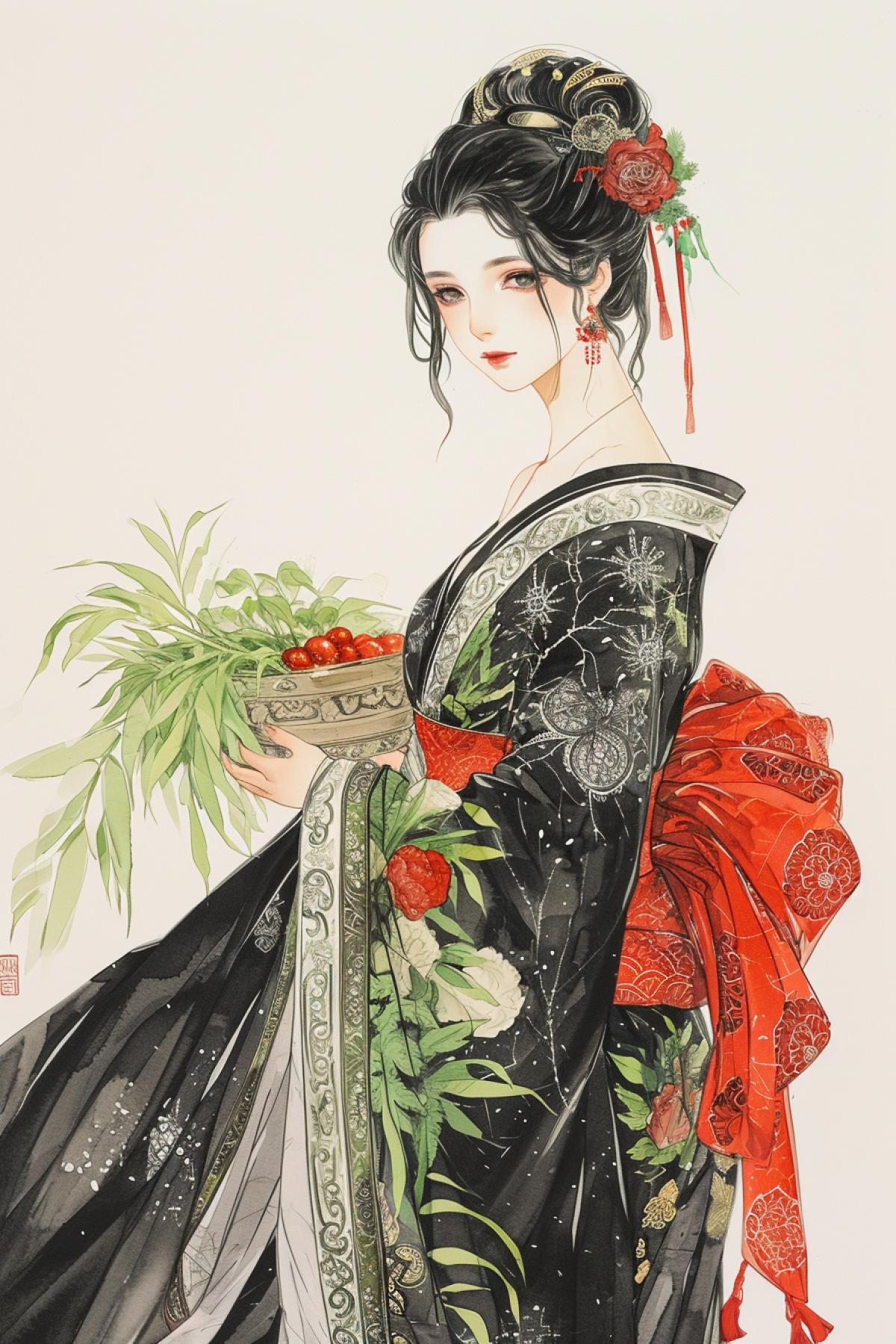 the woman is wearing an embroidered kimono and carries a bowl of vegetables with leaves, in the style of 2d game art, masculine, northern and southern dynasties, associated press photo, comic art, fashion-illustration, oshare kei