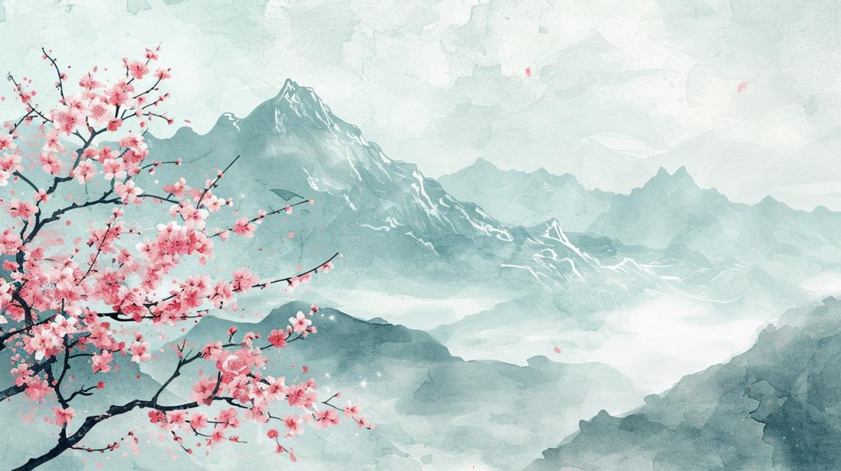 an japanese painting in watercolor format with pink flowers on the mountains, in the style of minimalist backgrounds, sky-blue and gray