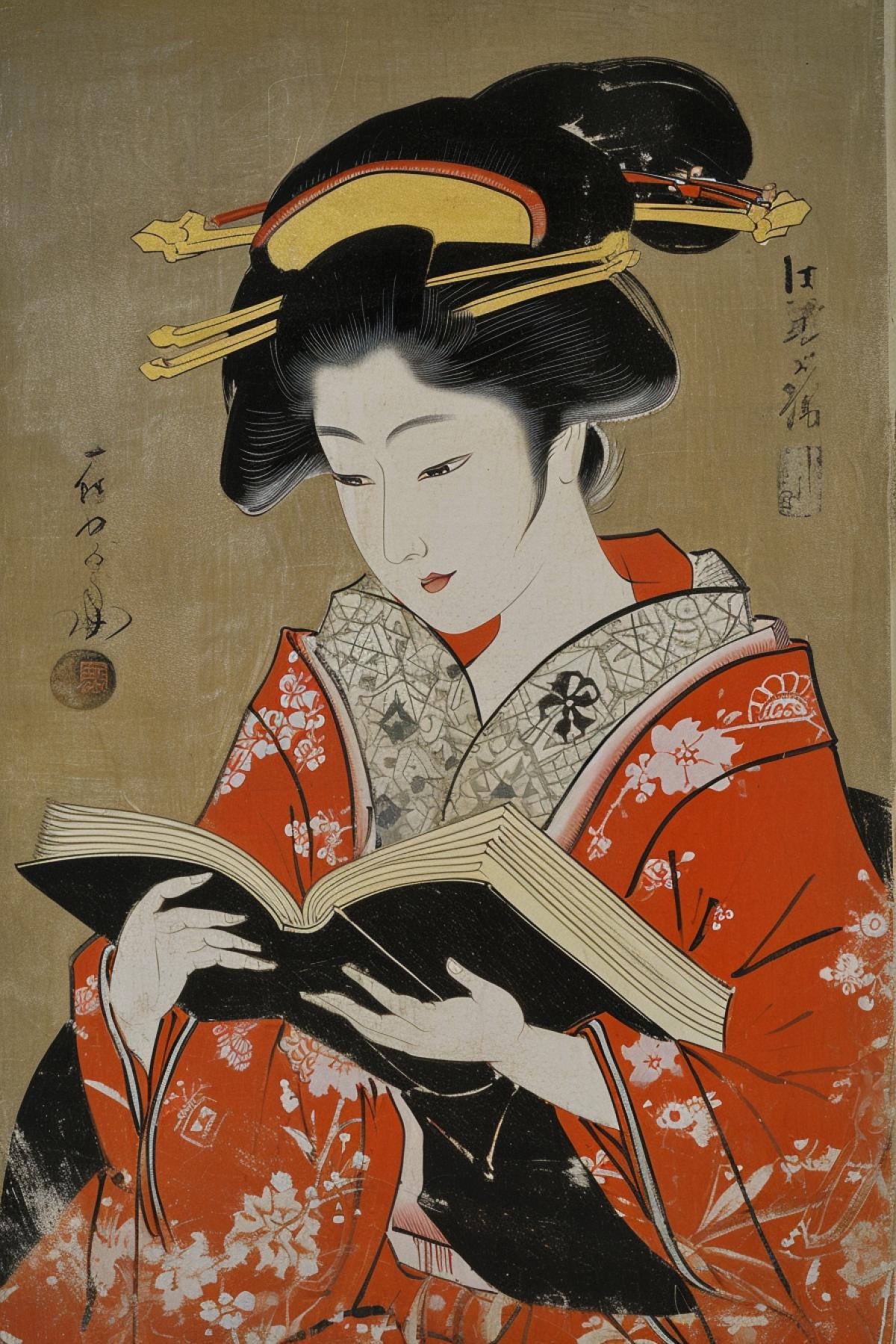 a woman reads a book with her kimono, in the style of gold leaf and gilding, exquisite dark and white engravings, detailed facial features, playful and colorful depictions, ultrafine detail, dansaekhwa, historical imagery
