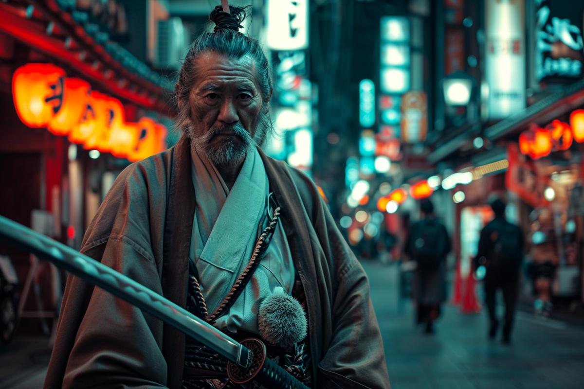 Phone photo a man in an old asia look 4ks on an modern Tokio street, in the style of sacha goldberger, epic fantasy scenes, miyamoto musashi, posted to reddit in 2019