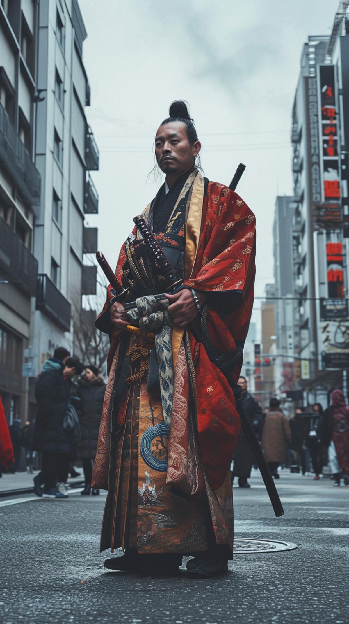Phone photo a man in an asian robe with katana stay on a city street, epic portraiture, war photography, kingcore, traditional costumes, angura kei, powerful portraits, posted on reddit in 2019