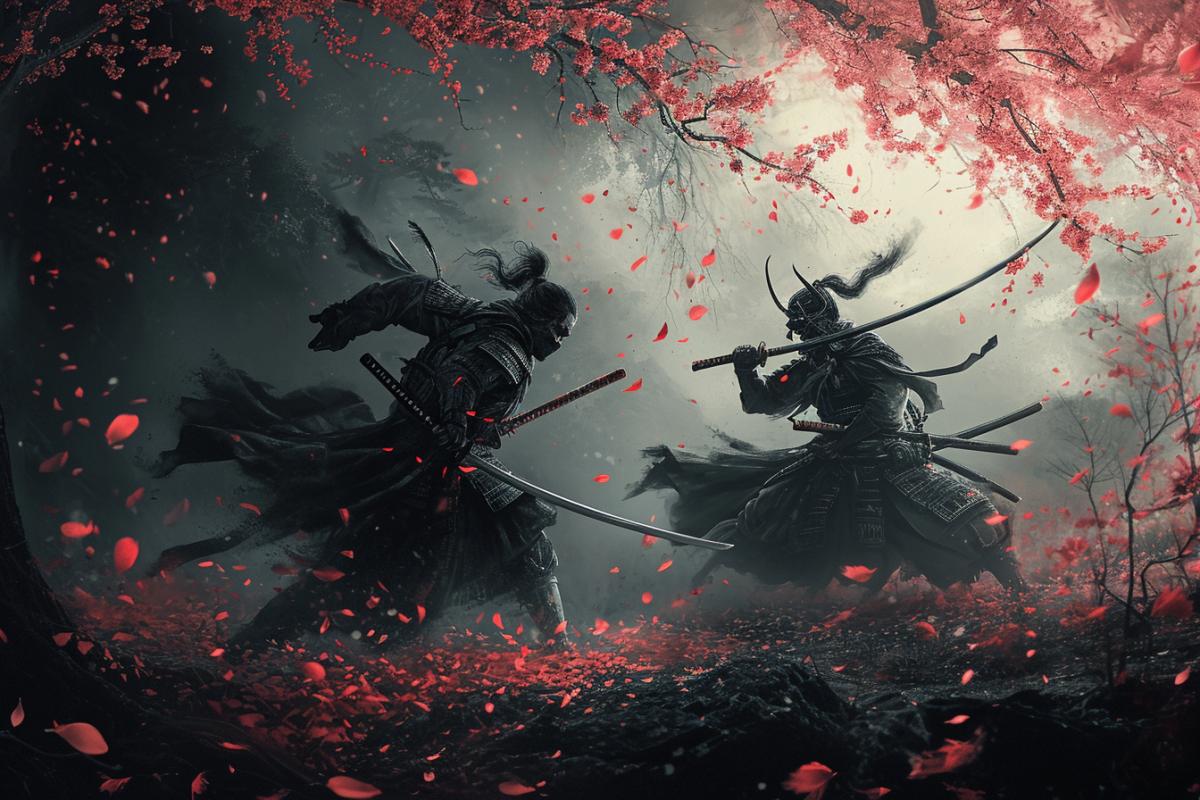 Japanese samurai fight against one ninja, dark colors, sakura around