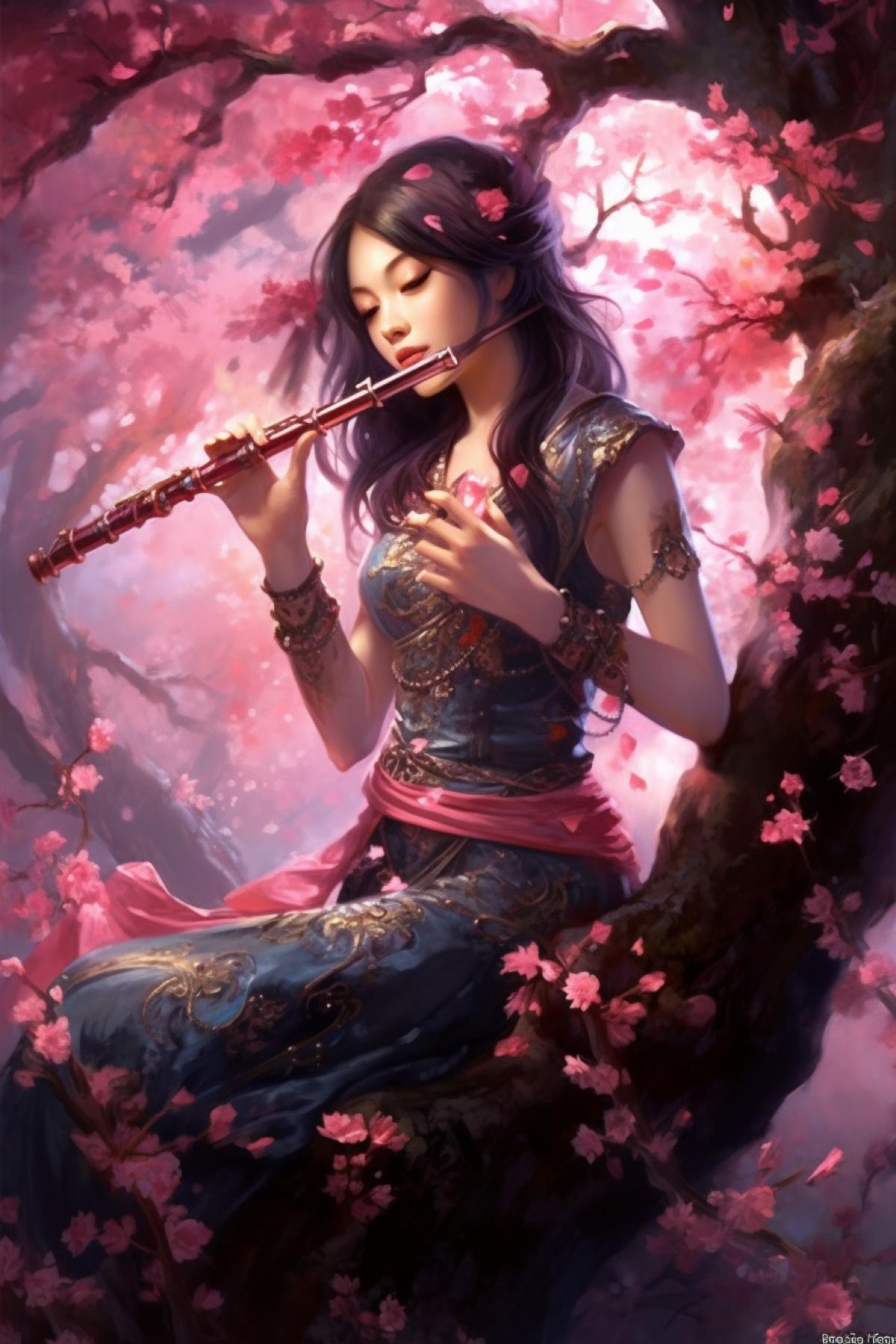 A large Japanese tree with pink petals and next to them stands a beautiful girl playing the flute.