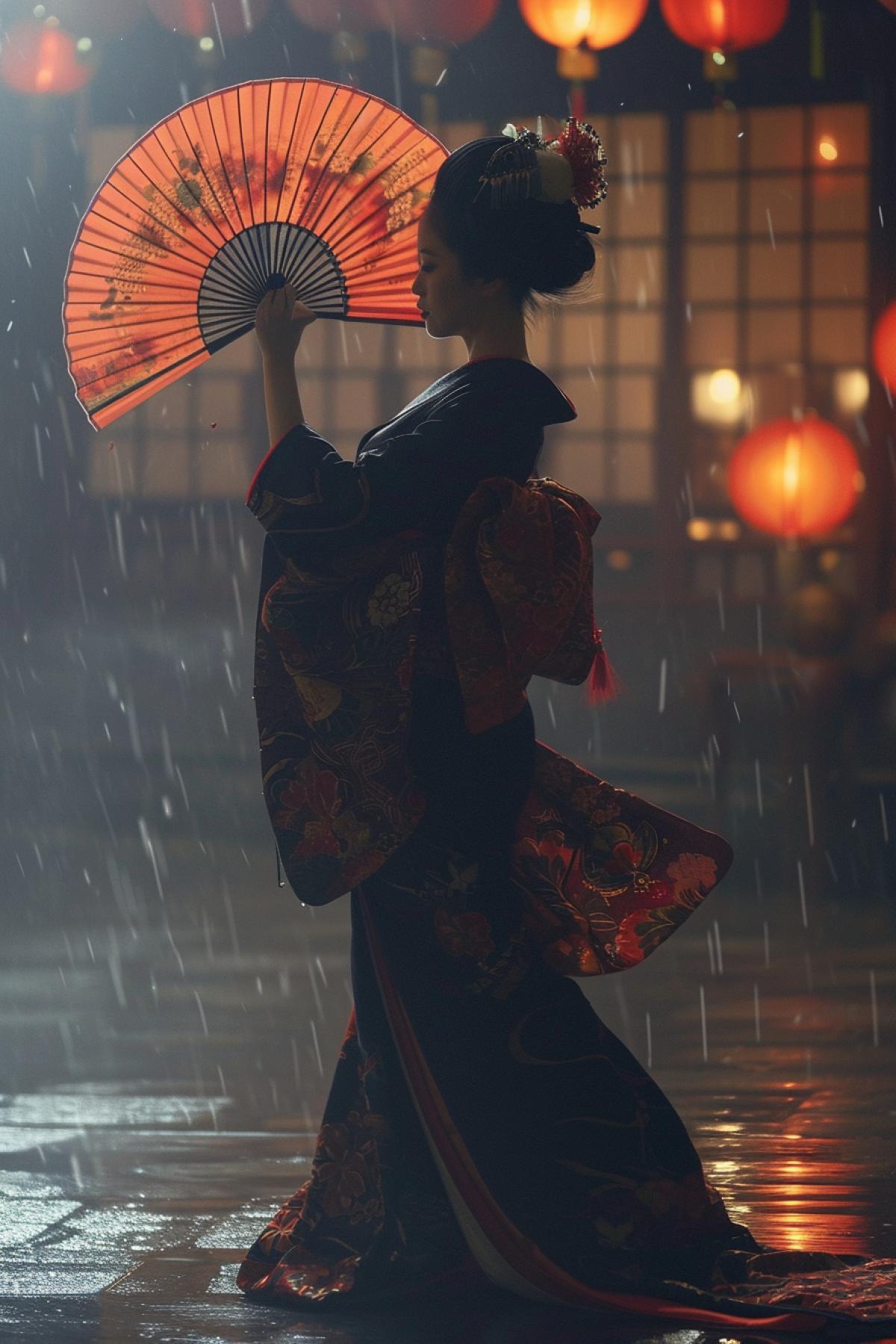Geisha dancing with a fan, Japanese culture, photorealism, epic, atmospheric