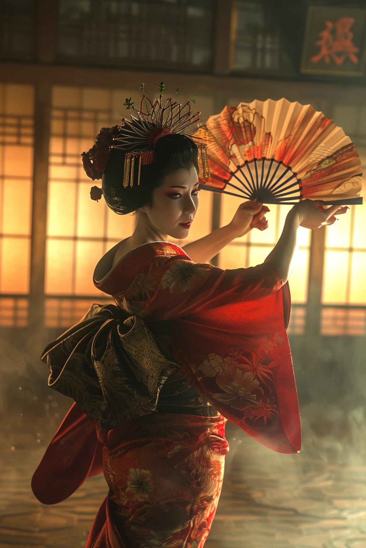 Geisha dancing with a fan, Japanese culture, photorealism, epic, atmospheric