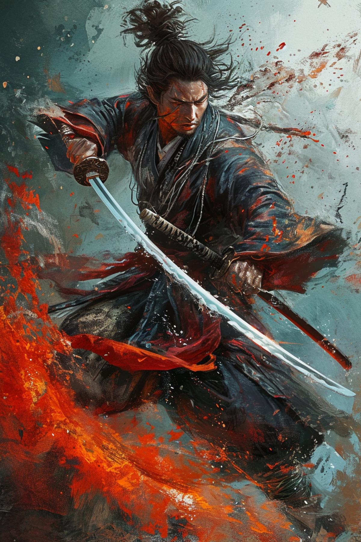 Samurai man in kimono, katana in hand, fighting stance, action scene, epic, ,in the style of neo-traditional japanese, magali villeneuve, urban and edgy, xiaofei yue, dark crimson and orange, traincore, dark eyes, white fire in hands, horror style, darkness in background, white and dark, emotion of evil in the style of thiago valdi, light dark and silver, realistic depiction of light, light blue and silver, solarizing master, cut/ripped, energetic frenzy, by Donato Giancola