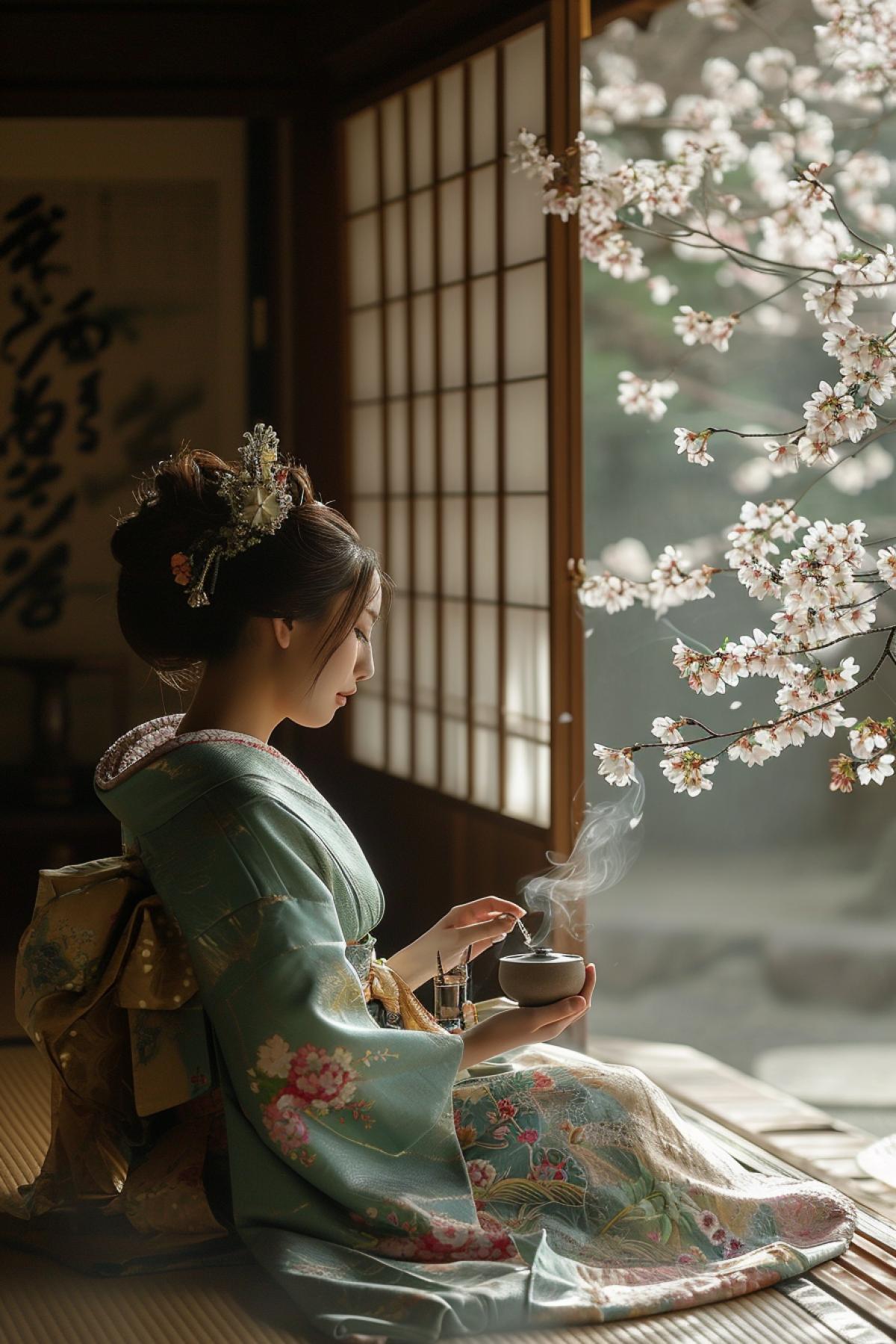 Japanese traditional tea drinking, elegant, atmospheric, aesthetic, photorealism