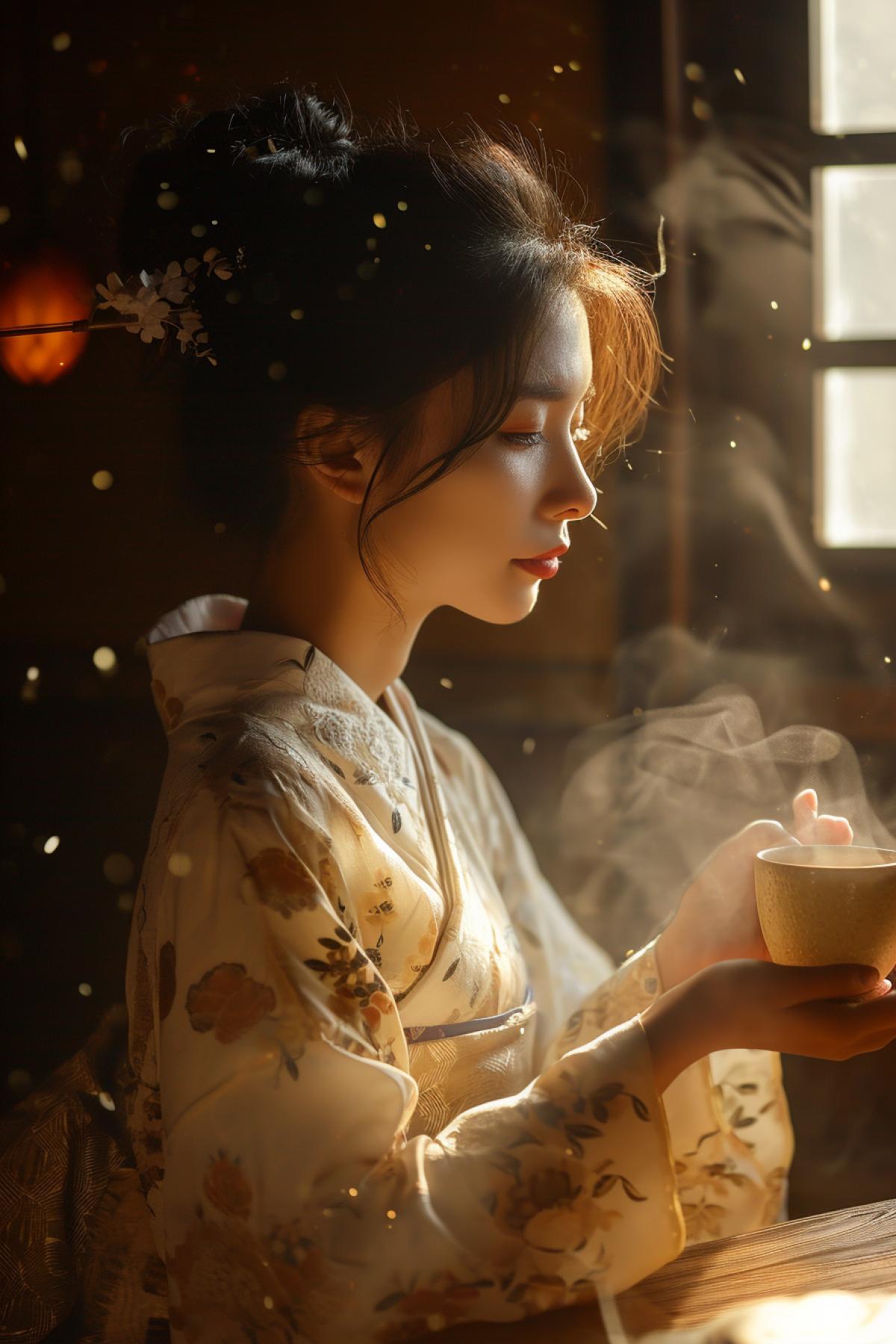 Japanese traditional tea drinking, elegant, atmospheric, aesthetic, photorealism