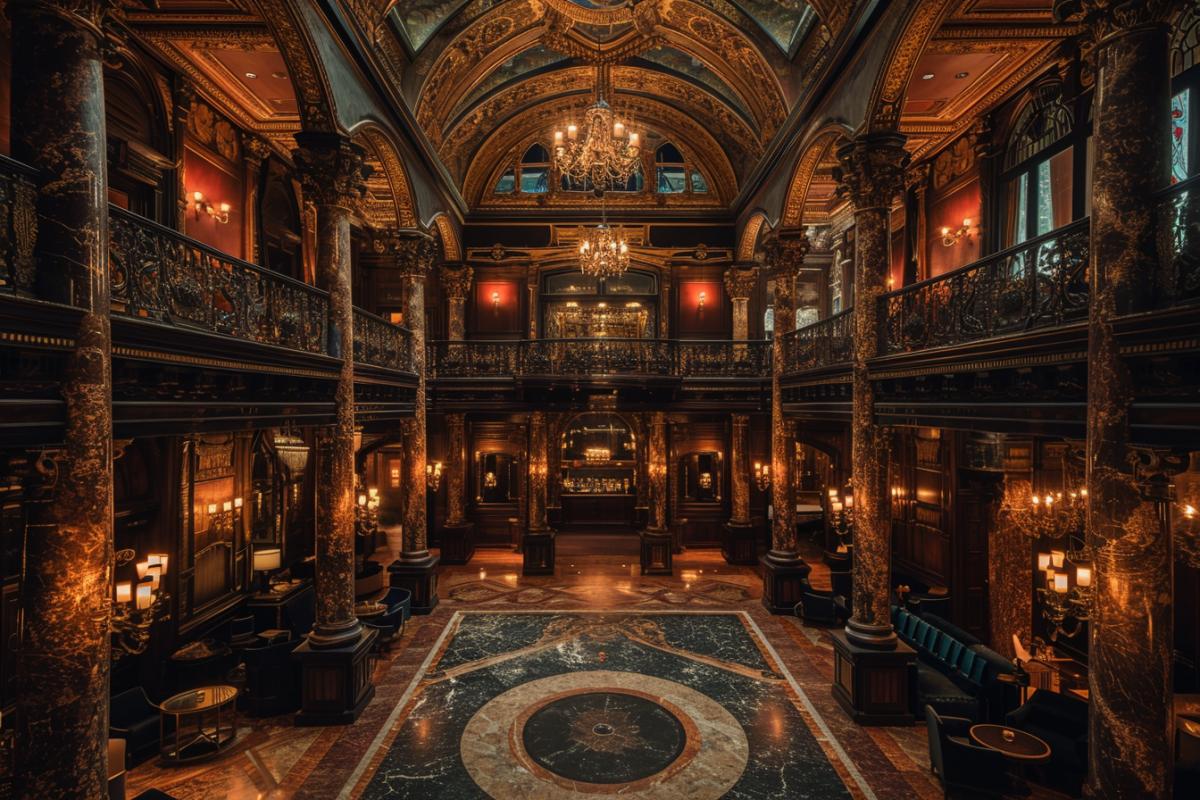 A photo of a majestic hotel ballroom that hosts a masquerade party, with guests wearing elaborate costumes and masks. The ballroom is adorned with gold, crystal, and velvet, creating a royal and mysterious atmosphere. The view is from the center, showing the dance floor and the balcony. The lighting is dim and dramatic, with chandeliers and candles. In the style of Edgar Allan Poe and Tim Burton.