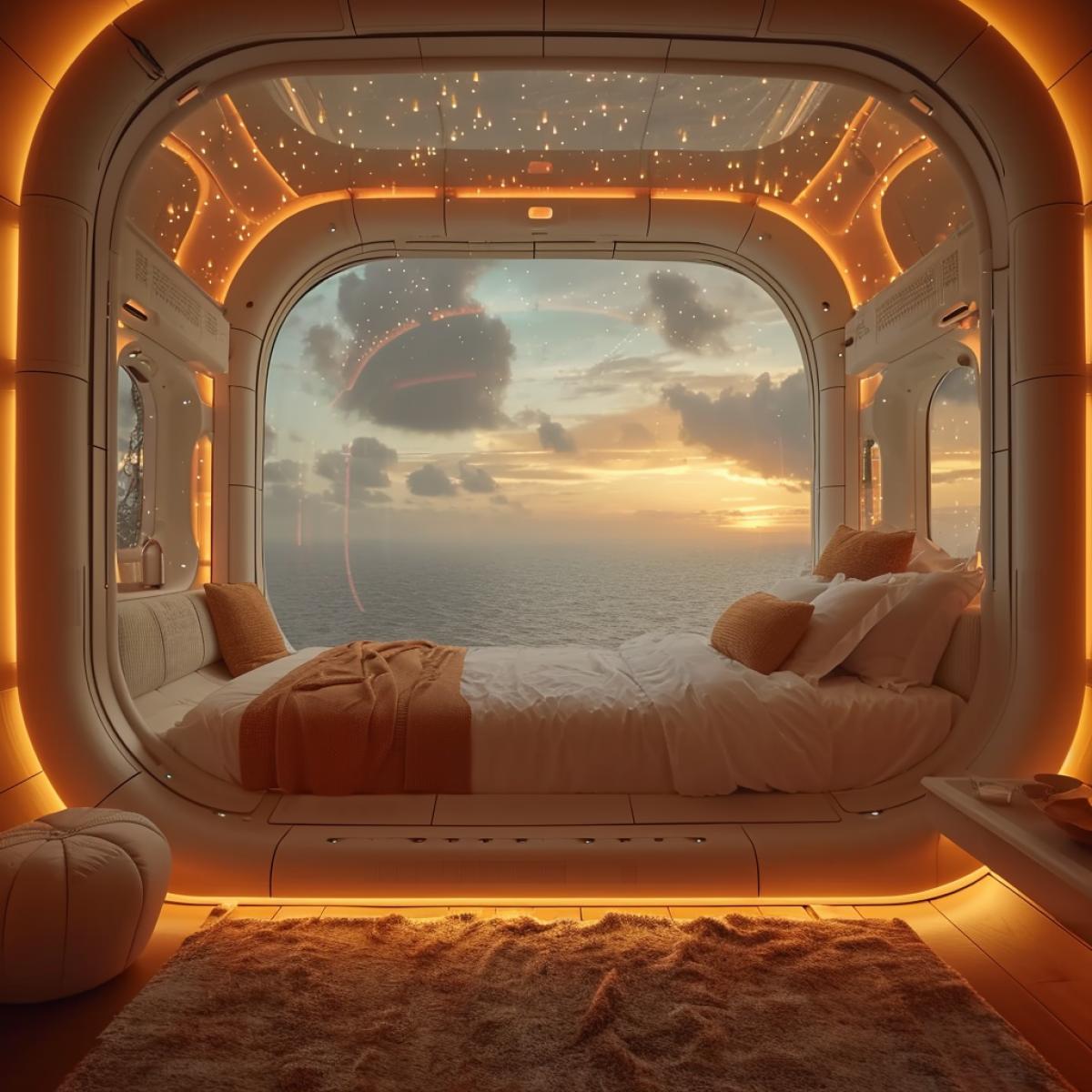 A photo of a futuristic hotel pod that floats in the air, with a transparent dome and a holographic interface. The pod is equipped with advanced technology, artificial intelligence, and virtual reality, creating a sci-fi and immersive atmosphere. The view is from the inside, showing the bed and the sky. The lighting is cool and futuristic, with stars and planets. In the style of Isaac Asimov and Steven Spielberg.