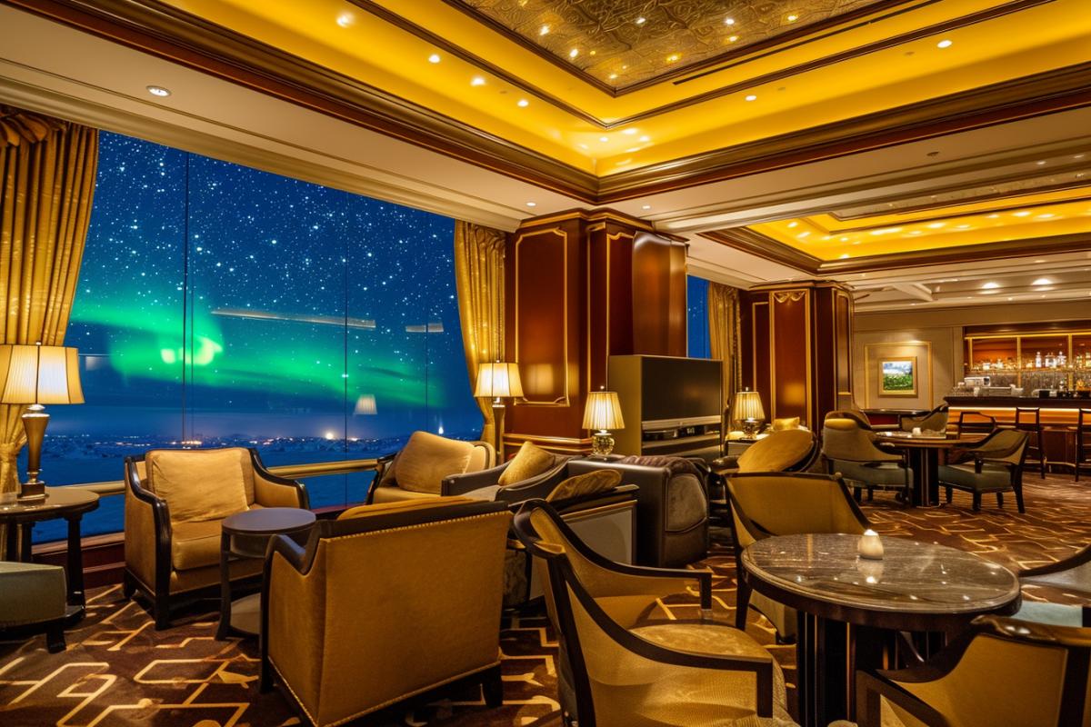 The interior of a luxury hotel, very expensive, rich, from the window there is a view of the northern lights