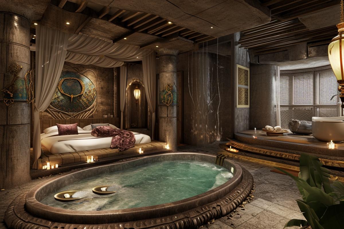 An exotic luxury hotel for spoiled millionaires who want to feel like dirty man people. Elite hotel in the form of a dirty man mans hut room