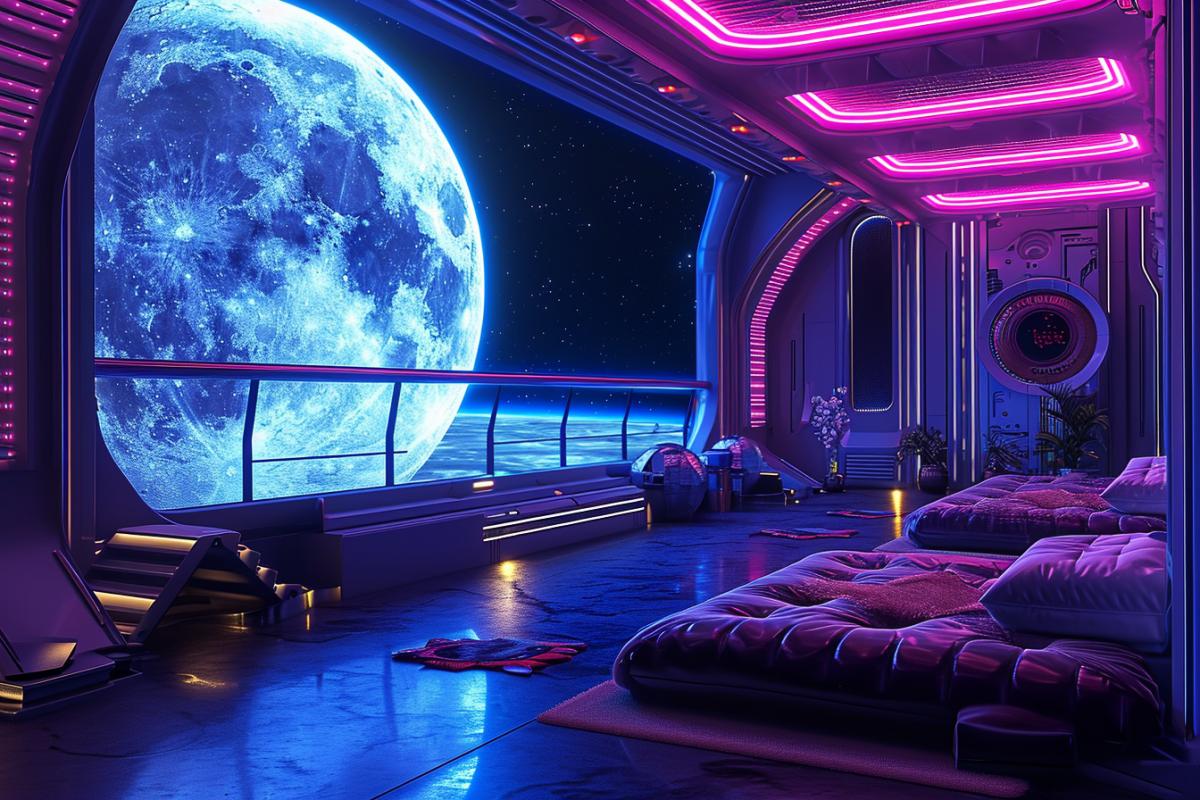 Space hotel, overlooking the moon, unusual interior, neon