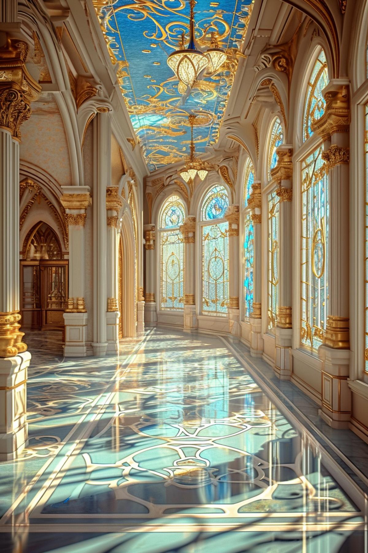 hall in a fairy-tale hotel from the fairy tale Cinderella, art deco style