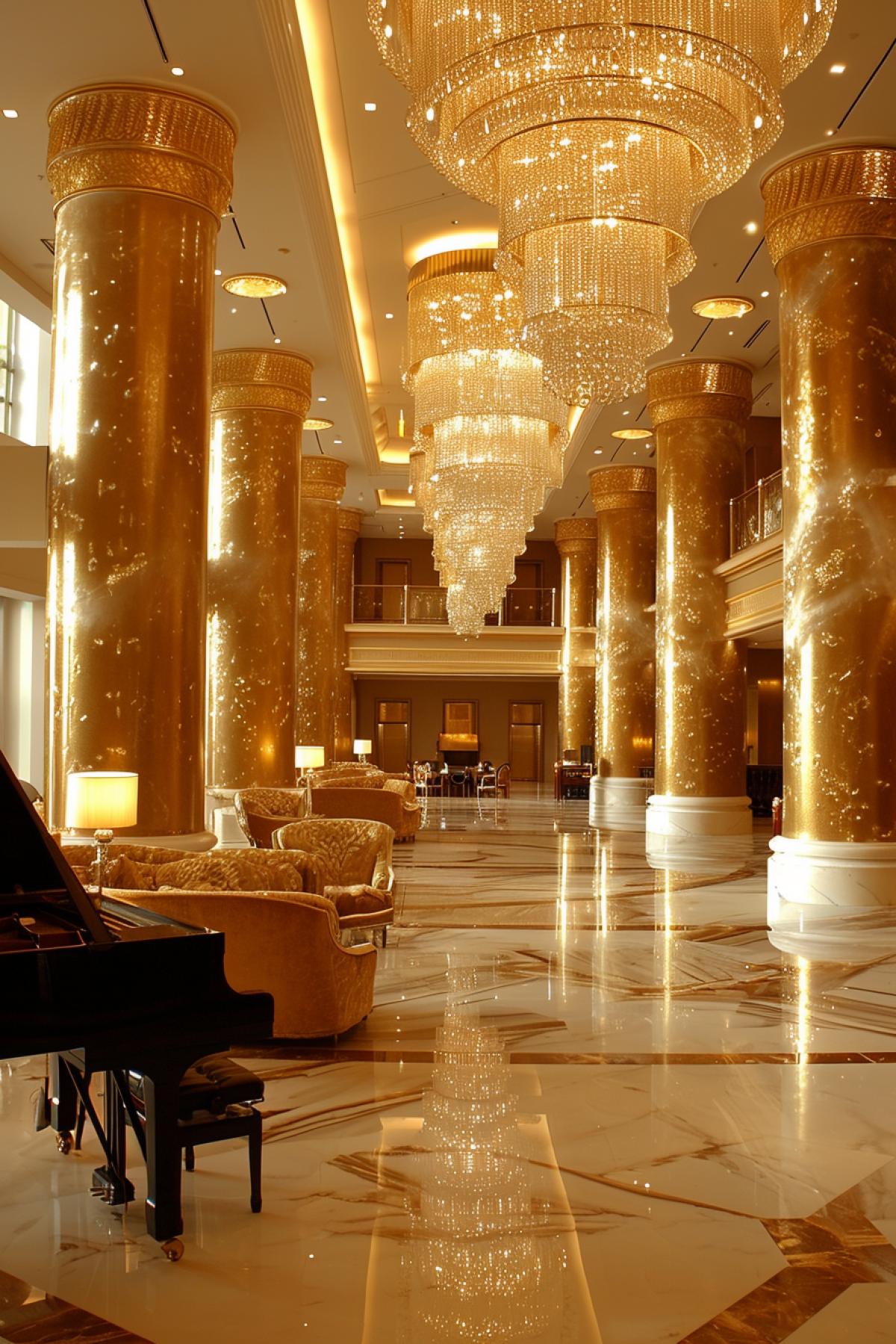 Amidst the golden hues of a lavish hotel lobby, a grand chandelier drips with sparkling crystals, casting a warm glow on marble floors. Plush velvet sofas invite guests to sink into luxury, surrounded by towering pillars adorned with intricate gold leaf patterns. A pianist plays soft melodies, adding an air of sophistication to this opulent space.