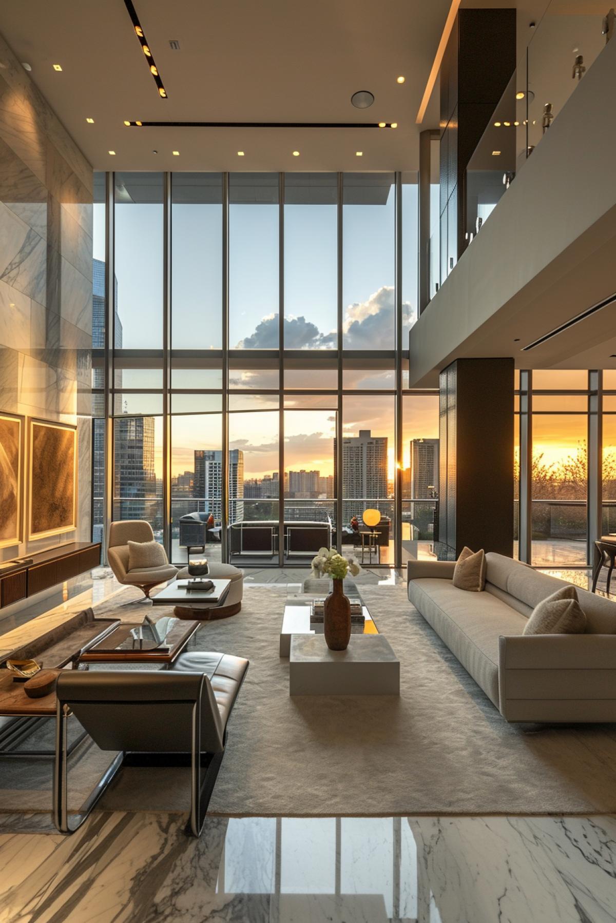 In a contemporary penthouse suite, floor-to-ceiling windows frame a breathtaking cityscape. The sleek, minimalist design features modern art pieces andedge technology, while a private terrace offers panoramic views. Soft, ambient lighting enhances the sleek textures of marble and glass, embodying urban sophistication.