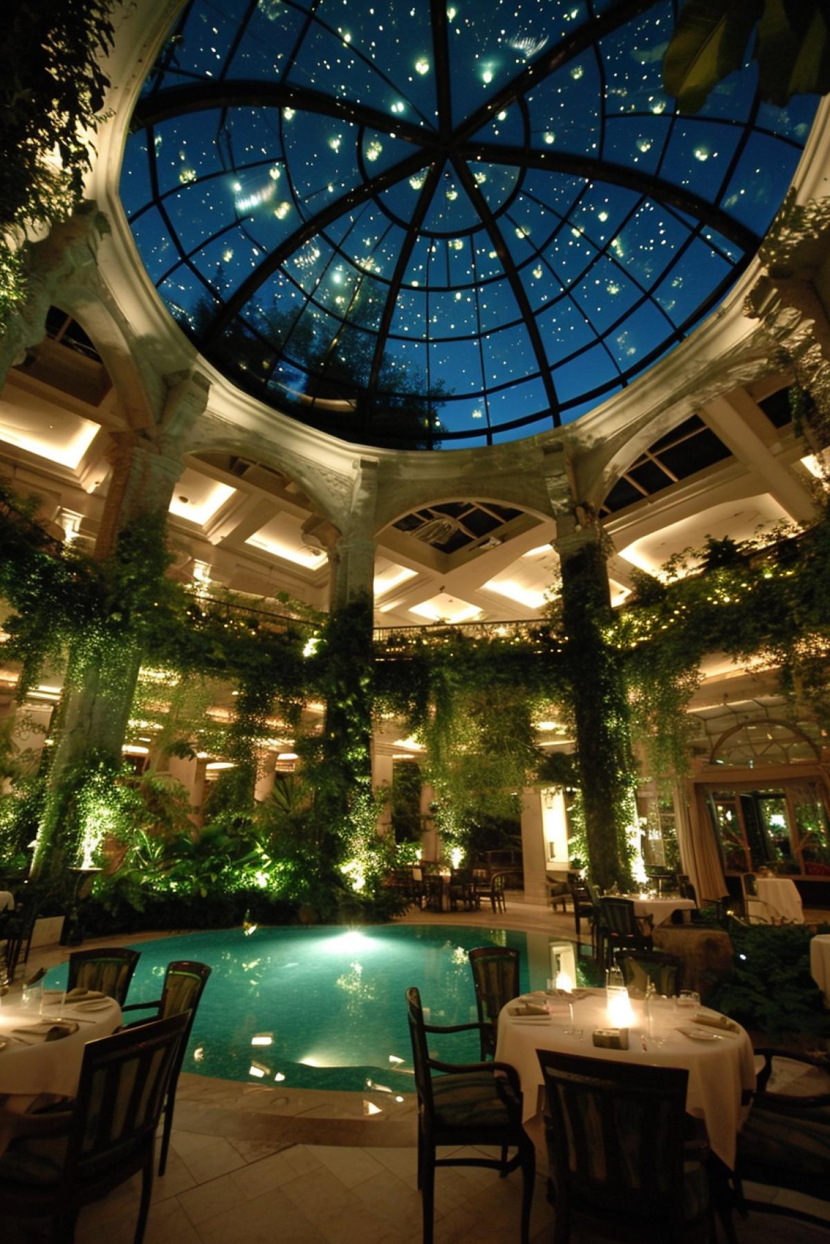 Underneath a starlit, glass-domed ceiling, an upscale hotel courtyard boasts a Mediterranean-inspired oasis. Lush greenery surrounds a pristine pool, where guests enjoy candlelit dinners under a cascade of hanging gardens. The seamless blend of nature and architecture creates an ethereal atmosphere, capturing the essence of a luxurious escape.