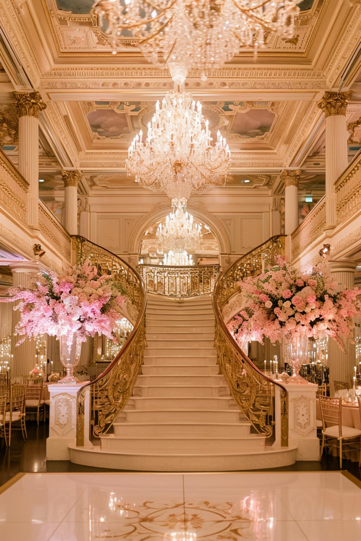 Within an extravagant ballroom, a grand staircase takes center stage, adorned with cascading flowers and gilded railings. Crystal chandeliers illuminate the dance floor below, where elegantly dressed couples waltz to a live ordetailedra. The timeless glamour of this upscale venue transports guests to a bygone era of refined celebrations.