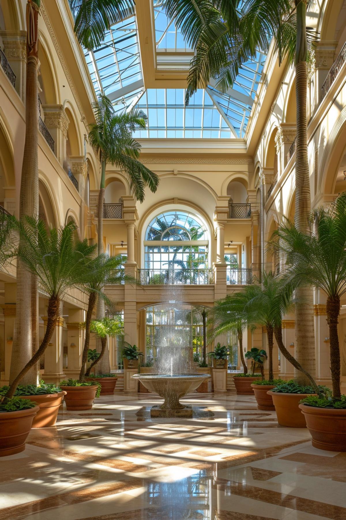Within a majestic atrium, sunlight pours through towering windows, illuminating a vast, marble-floored space. A cascading fountain takes center stage, surrounded by sweeping staircases and lush potted palms. The symphony of flowing water and natural light creates an atmosphere of timeless elegance within the expansive luxury of this grand hotel atrium.