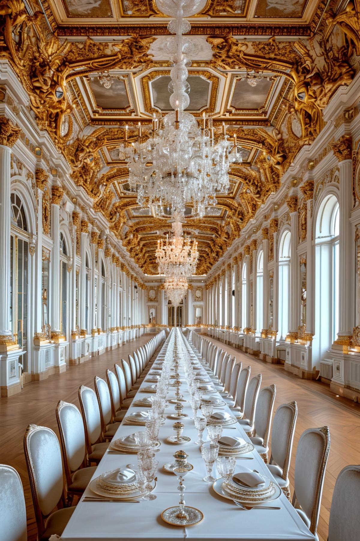 Bathed in the soft glow of golden candelabras, a regal banquet hall unfolds beneath high, ornate ceilings. Long, polished dining tables stretch into the distance, adorned with silverware and crystal. Velvet-clad chairs surround the opulent setting, where guests indulge in a feast fit for royalty amidst the grandeur of this expansive dining space.