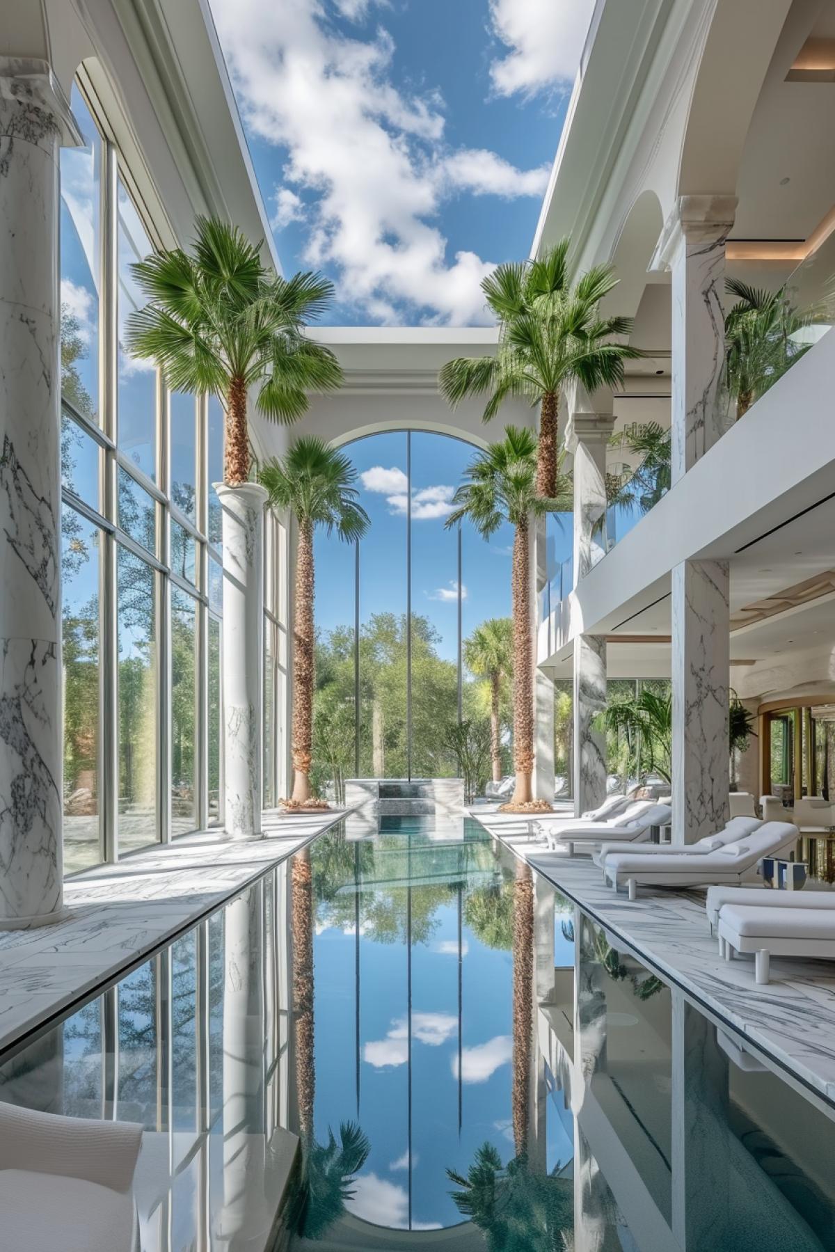 Beneath a sky-painted ceiling, an indoor oasis unfoldsa vast spa retreat with marble pools, towering palms, and plush lounges. Floor-to-ceiling windows showcase a serene outdoor view, while the muted sounds of waterfalls create a tranquil ambiance. The sheer scale of this luxurious wellness space invites guests to unwind and bask in the lap of opulence.